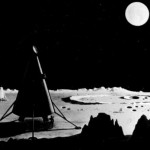 Astronauts leave the spacecraft to investigate the lunar surface.