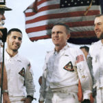 Borman, Anders, Lovell, on the flight deck of the carrier U.S.S. Yorktown, recovery ship Dec. 27, 1968.