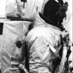 Schweickart in the spacesuit with the backpack